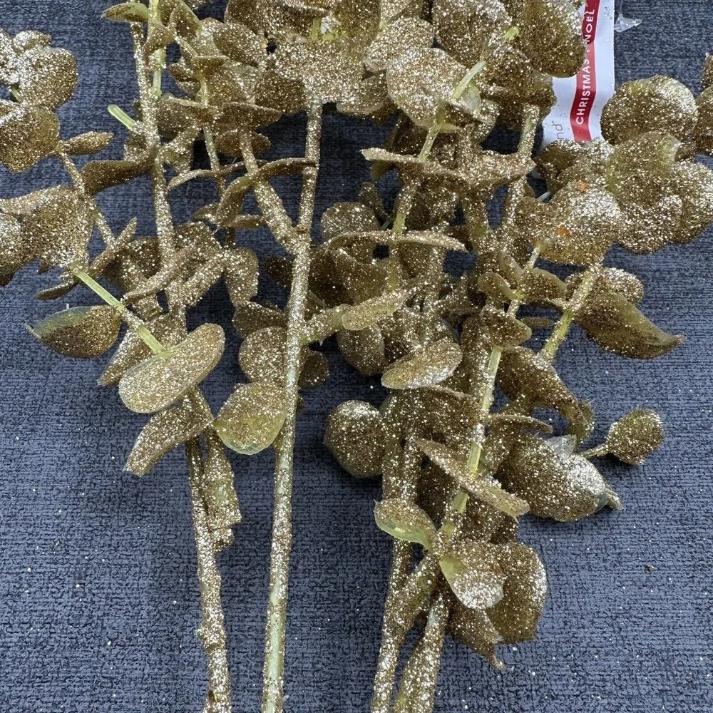 Gold Glitter Christmas Tree Picks Leafs Long Stems Floral Lot of 4 Crafts Decor